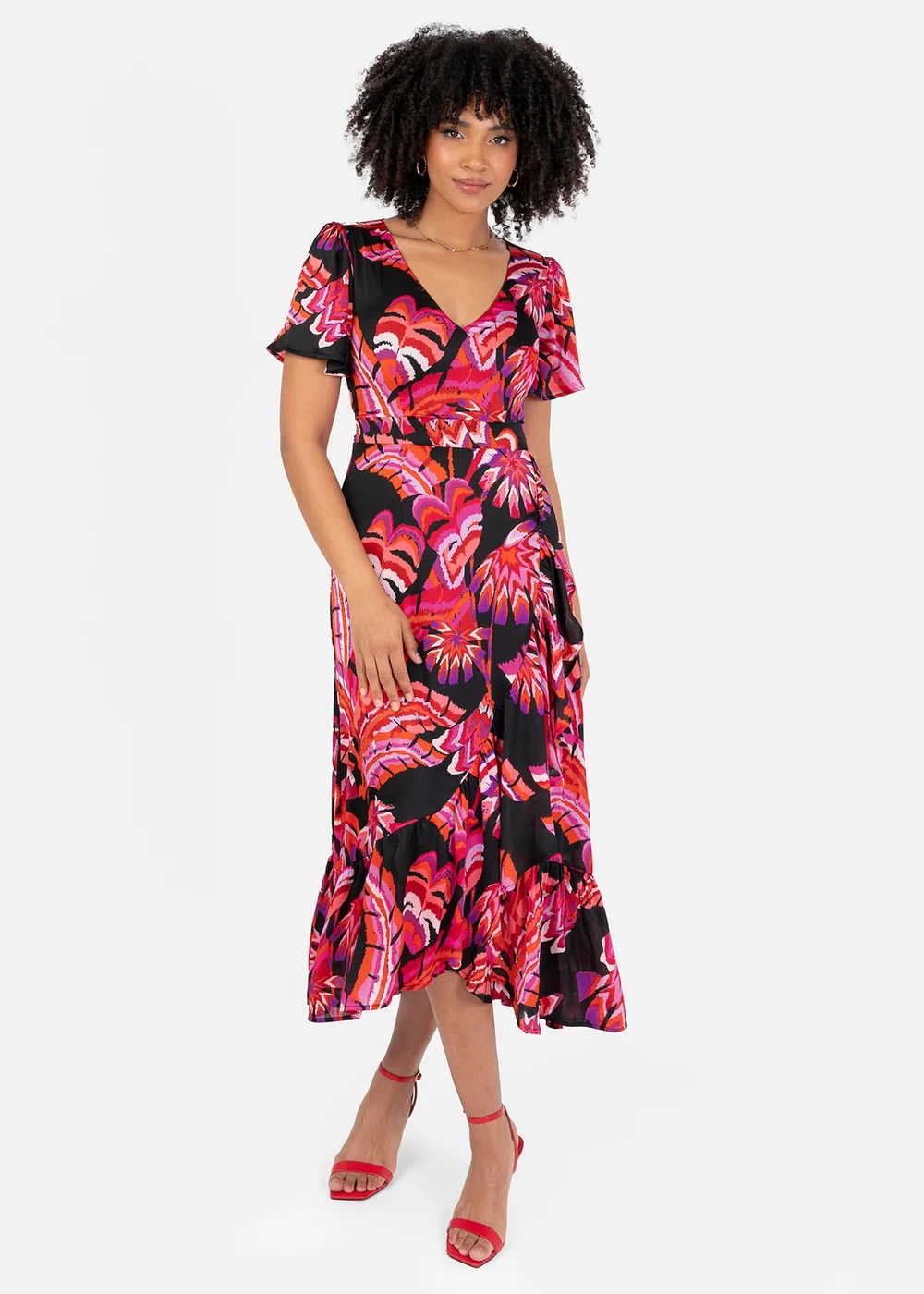 Lovedrobe Floral Angel Sleeve Waterfall Ruffle Midaxi Dress - 24 Image 1