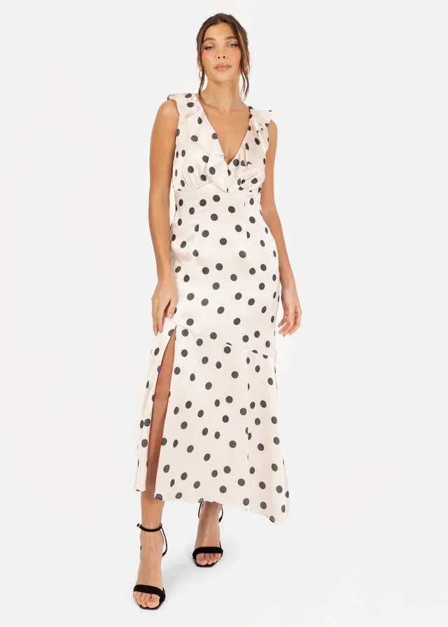 Anaya With Love White Satin Polka Dot Asymmetric Midi Dress