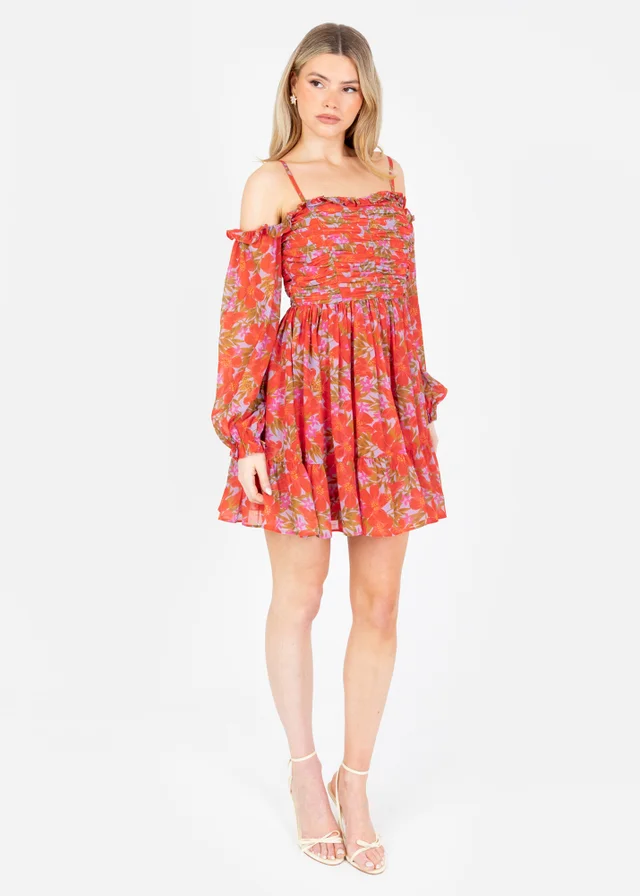 Anaya With Love Multi Coloured Floral Print Bardot Long Sleeve Mini Dress