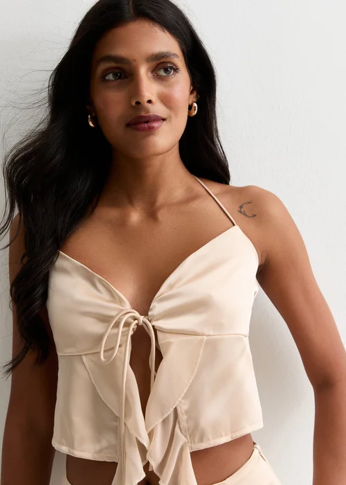 Gini London Champagne Satin Ruffle Tie Front Top - 14 Image 3