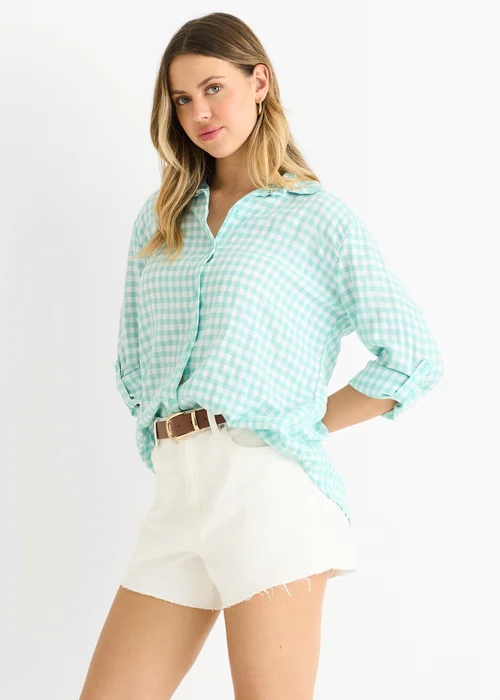Gini London Sage Green Cotton Gingham Roll Up Sleeves Oversized Tie Top - L/XL Image 1