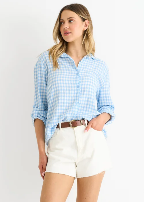 Gini London Blue Cotton Gingham Roll Up Sleeves Oversized Tie Top - L/XL Image 4