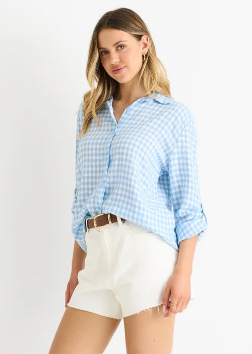 Gini London Blue Cotton Gingham Roll Up Sleeves Oversized Tie Top - L/XL Image 3