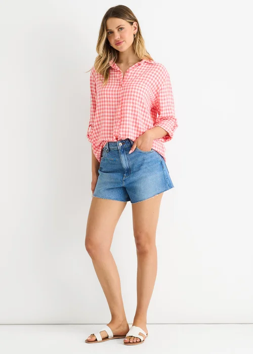 Gini London Coral Cotton Gingham Roll Up Sleeves Oversized Tie Top - S/M Image 4