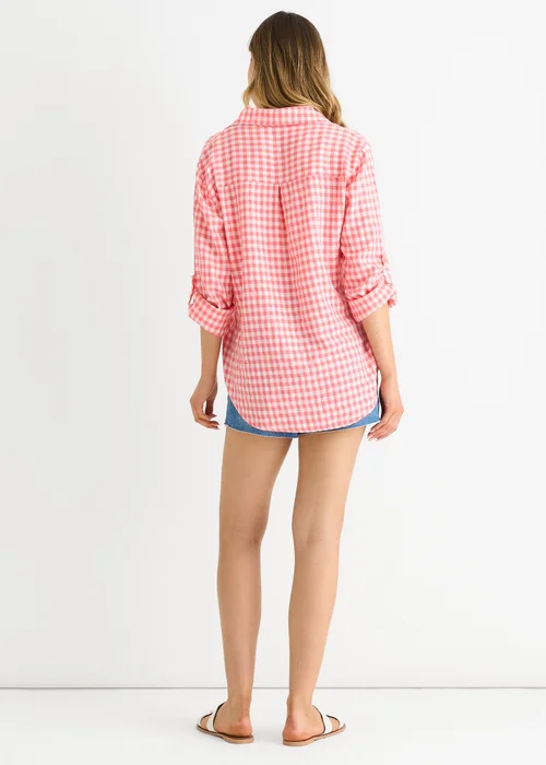 Gini London Coral Cotton Gingham Roll Up Sleeves Oversized Tie Top - S/M Image 2
