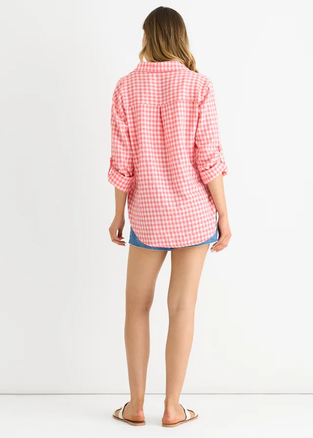 Gini London Coral Cotton Gingham Roll Up Sleeves Oversized Tie Top