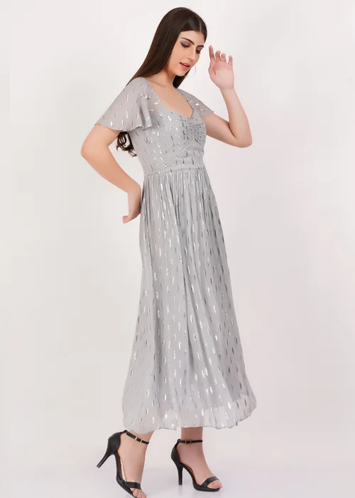 Gini London Silver Jacquard Metallic Angel Sleeves Midi Dress - 8 Image 4