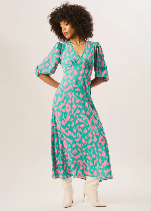 Gini London Green Animal Print V Neck Shift Midi Dress