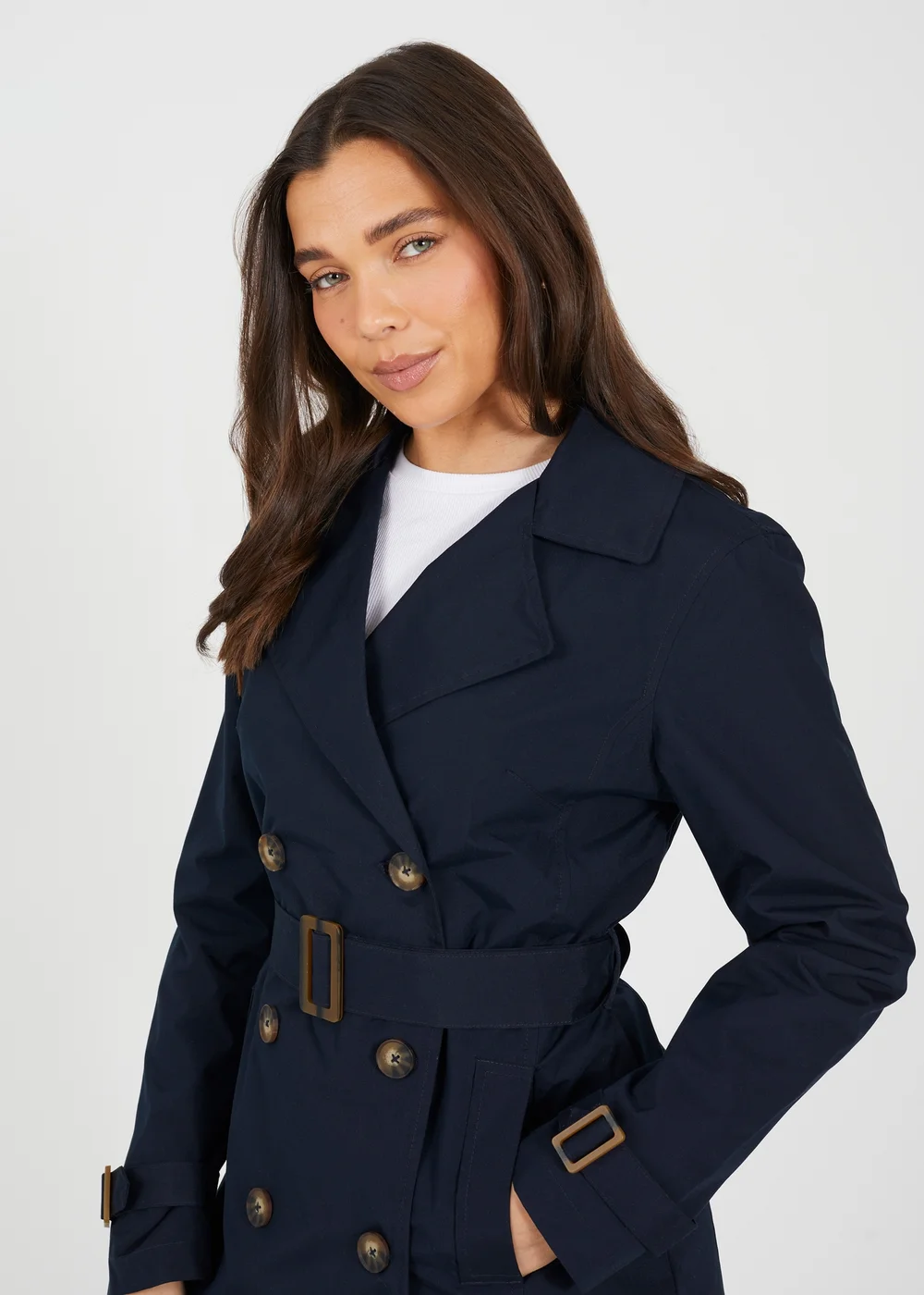 Brave Soul Navy Double Breasted Belted Trench Coat - 10 Image 3