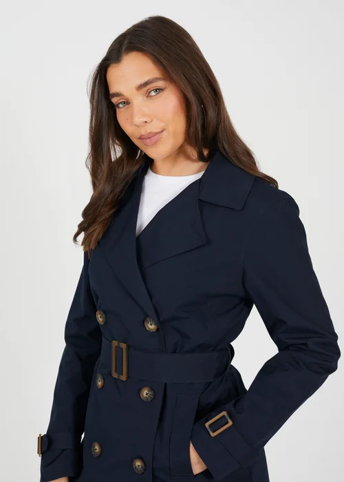 Brave Soul Navy Double Breasted Belted Trench Coat - 12 Image 3