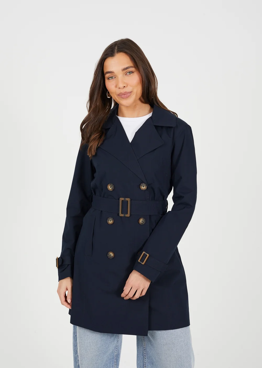 Brave Soul Navy Double Breasted Belted Trench Coat - 12 Image 1