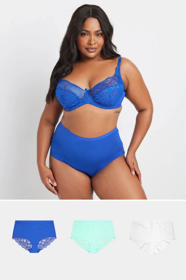 Yours 3 Pack Curve Blue & White Lace Back High Waisted Knickers