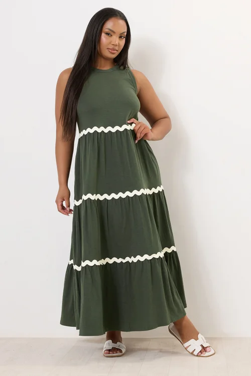 Yours Curve Khaki Green Contrast Swirl Tiered Maxi Dress - 22-24 Image 2