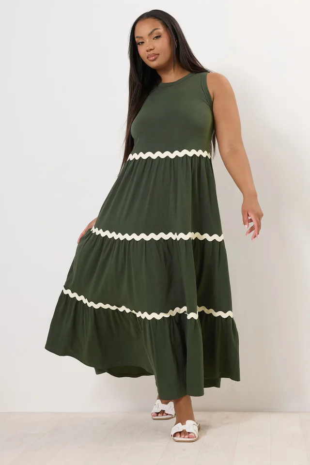 Yours Curve Khaki Green Contrast Swirl Tiered Maxi Dress