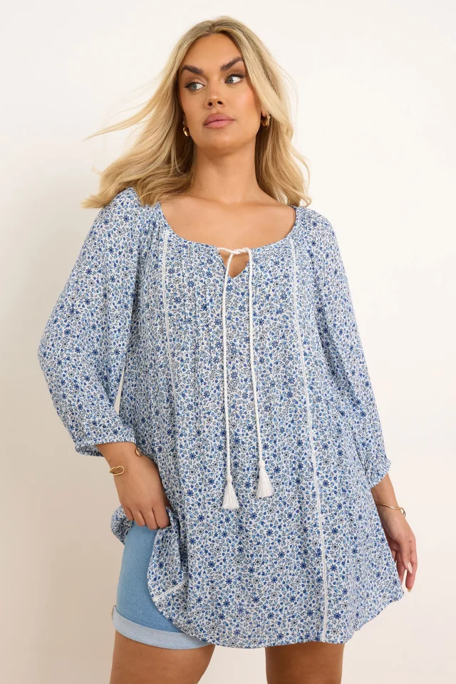 YOURS Curve Blue Ditsy Floral Print Tie Neck Top