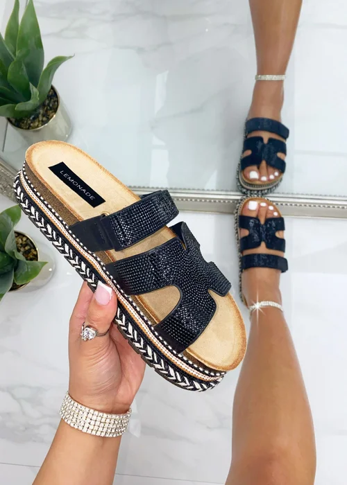 Love Lemonade Black Crystal Luxe Double Strap Sliders - Size 3 Image 2