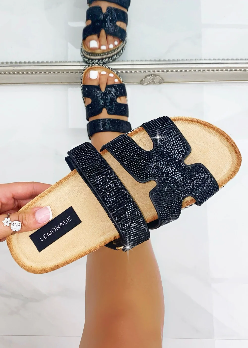 Love Lemonade Black Crystal Luxe Double Strap Sliders - Size 3 Image 1