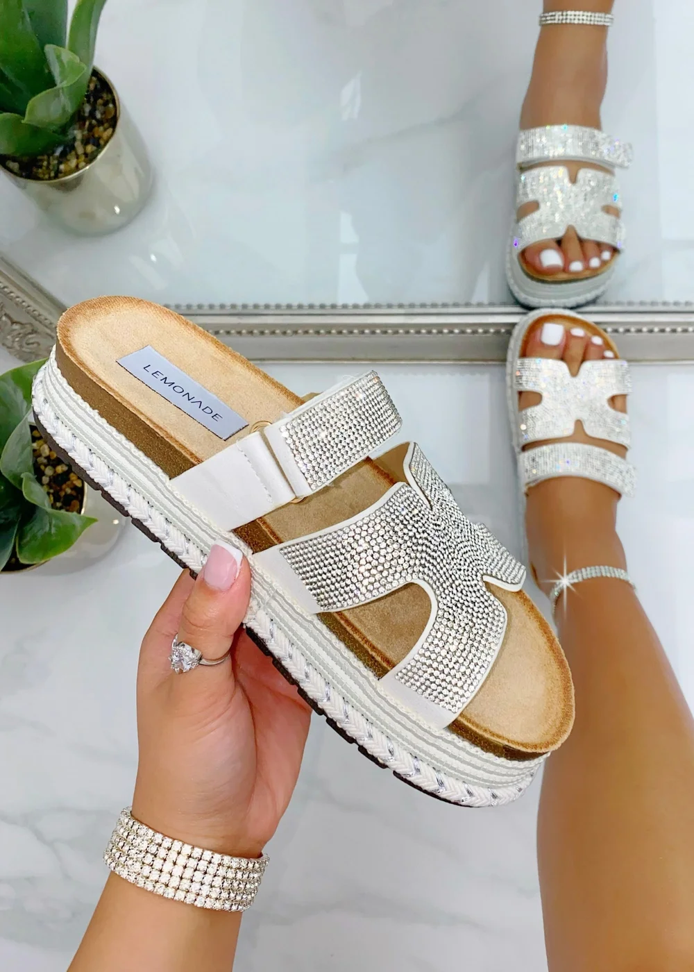 Love Lemonade Silver Crystal Luxe Double Strap Sliders - Size 3 Image 2