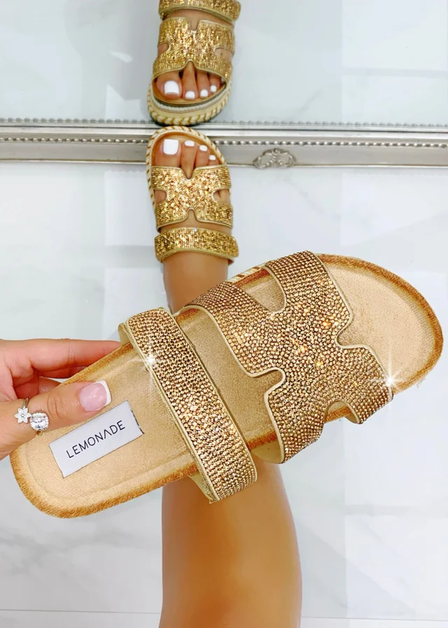 Love Lemonade Rose Gold Crystal Luxe Double Strap Sliders