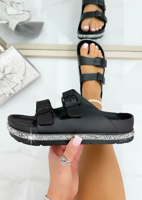 Love Lemonade Black Crystal Trim Lightweight Double Strap Sliders - Size 4 Image 2