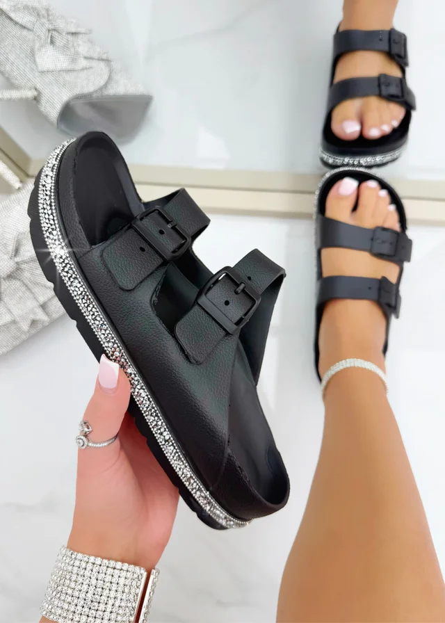 Love Lemonade Black Crystal Trim Lightweight Double Strap Sliders