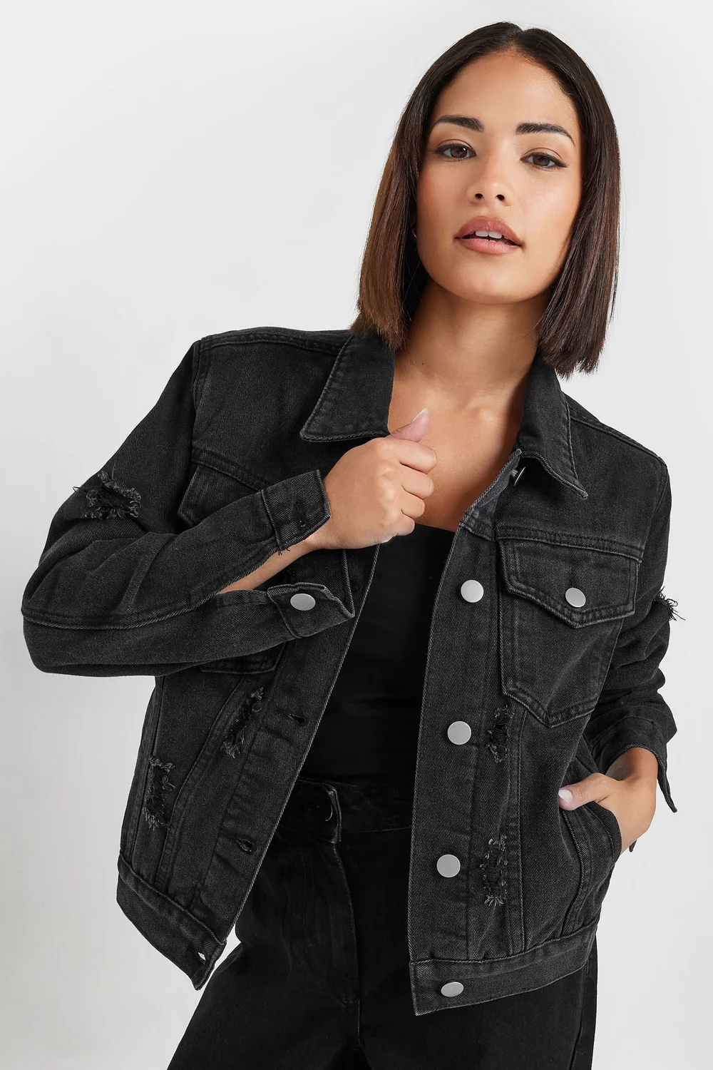 PixieGirl Petite Black Distressed Denim Jacket - 10 Image 1