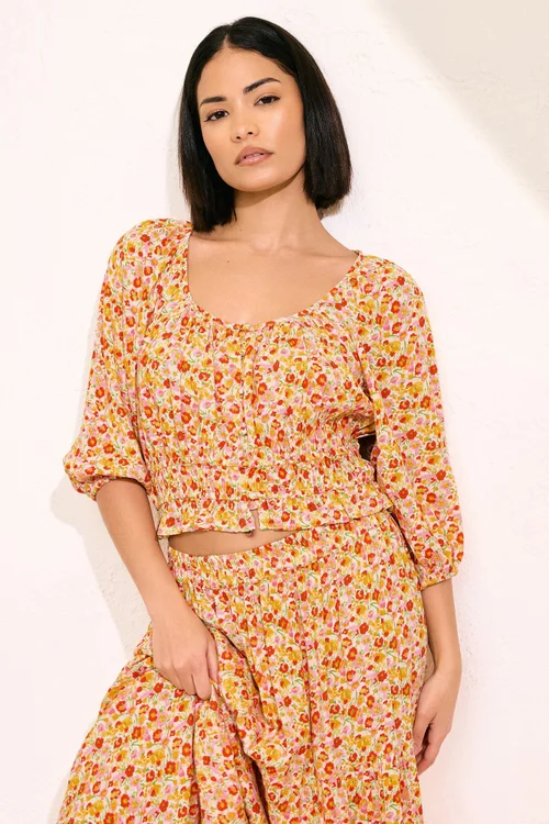 PixieGirl Petite Orange Ditsy Floral Puff Sleeve Top - Size 6 Image 1