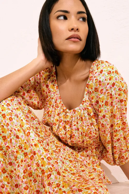 PixieGirl Petite Orange Ditsy Floral Puff Sleeve Top - Size 6 Image 4