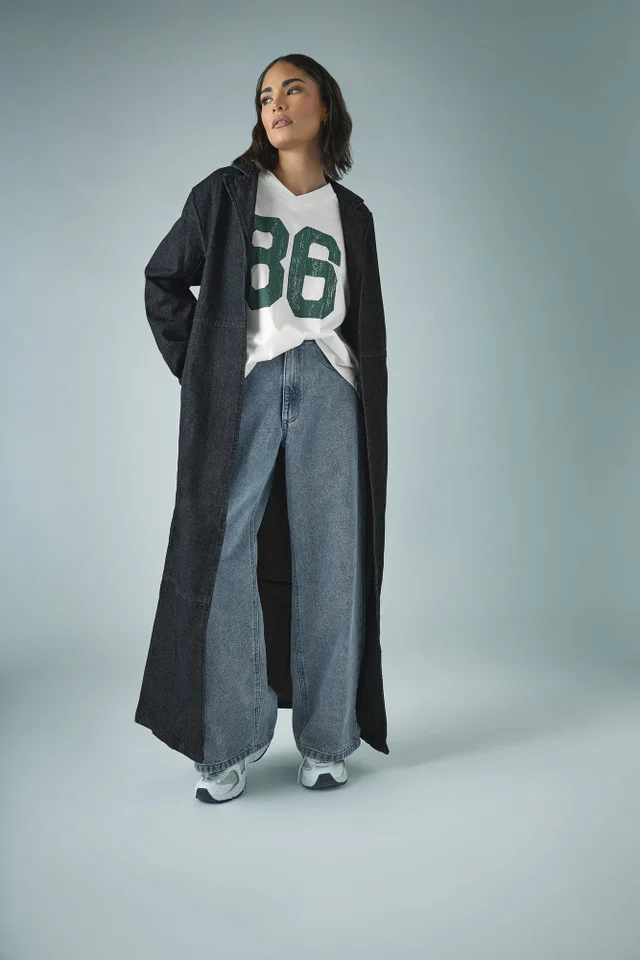 PixieGirl Petite Indigo Blue Denim Belted Trench Coat