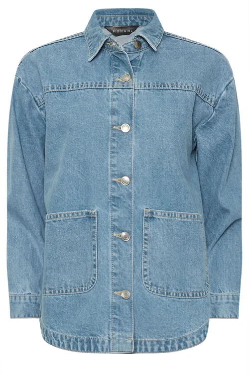 PixieGirl Petite Light Blue Denim Shacket - 14 Image 5