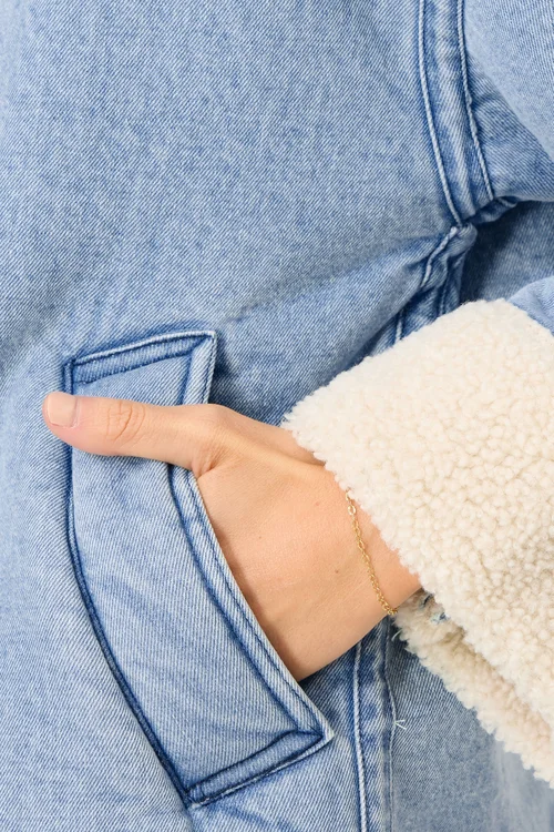 PixieGirl Petite Light Blue Denim Borg Zip Jacket - 12 Image 4