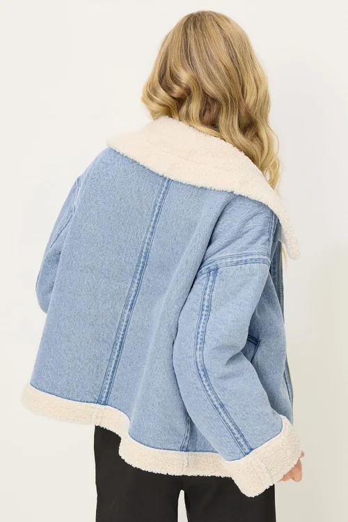 PixieGirl Petite Light Blue Denim Borg Zip Jacket - 12 Image 3
