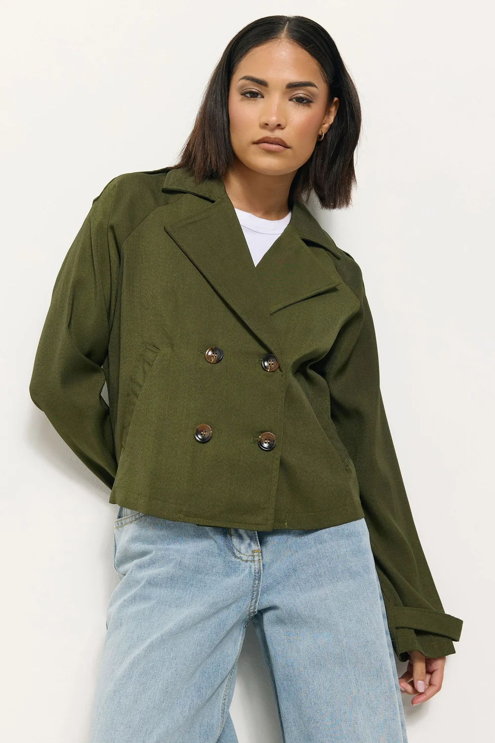 PixieGirl Petite Olive Green Cropped Trench Duster Coat - 12 Image 1
