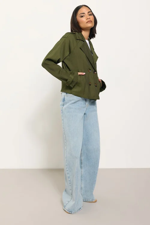 PixieGirl Petite Olive Green Cropped Trench Duster Coat - 12 Image 2