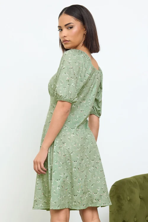 PixieGirl Petite Sage Green Ditsy Floral Print Mini Dress - 12 Image 3