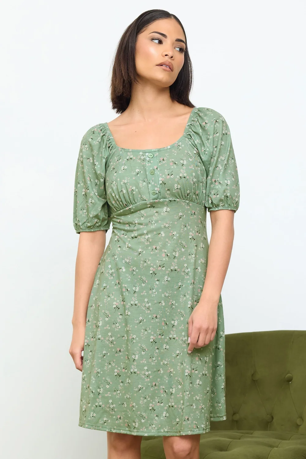 PixieGirl Petite Sage Green Ditsy Floral Print Mini Dress - 12 Image 1