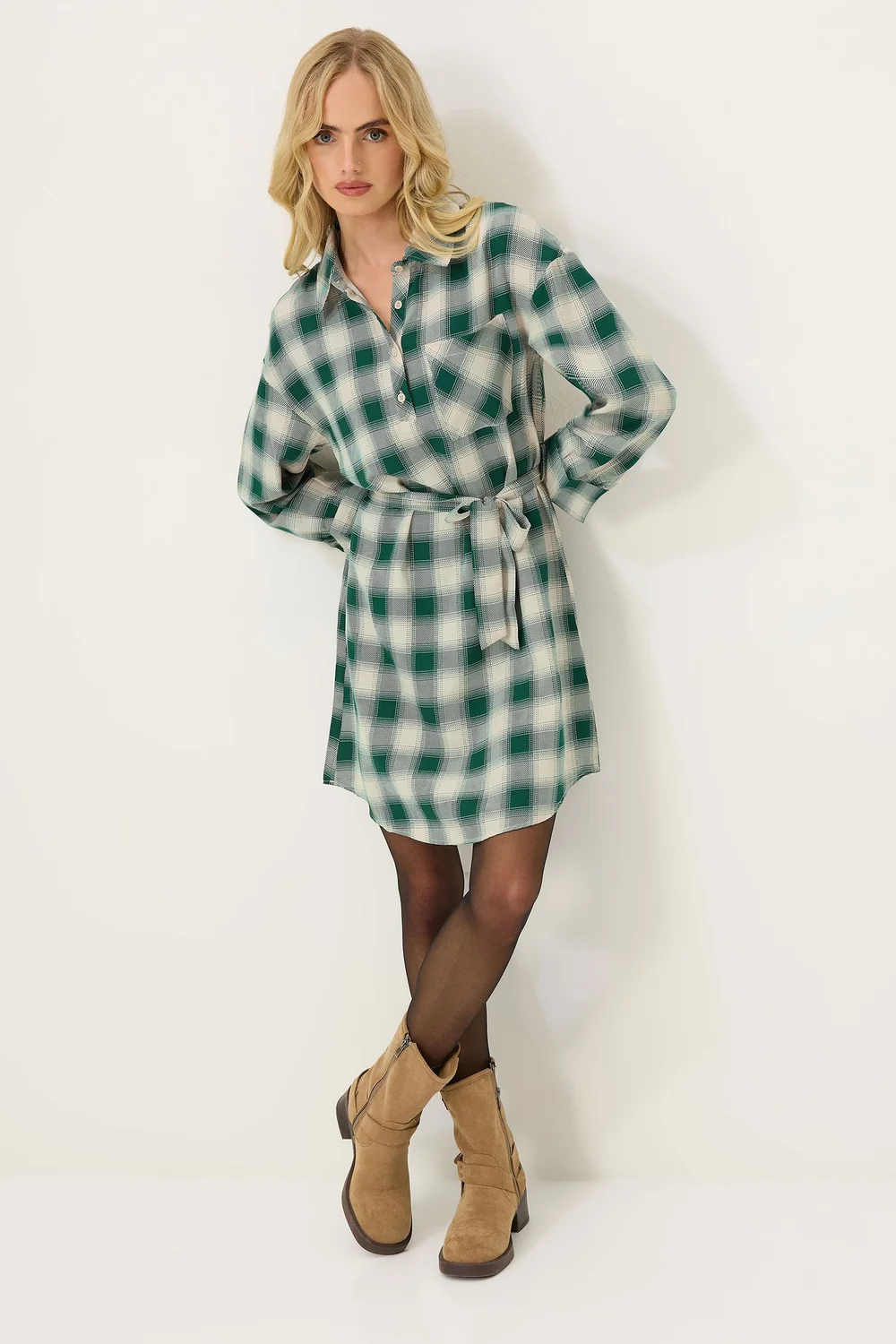 PixieGirl Petite Green Check Print Shirt Dress - 6 Image 2