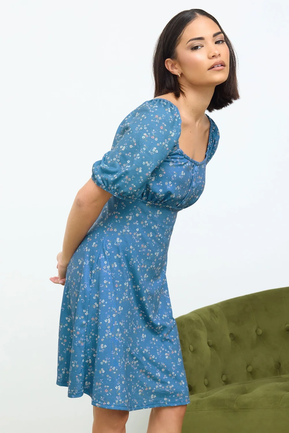 PixieGirl Petite Blue Ditsy Floral Print Mini Dress - 12 Image 2