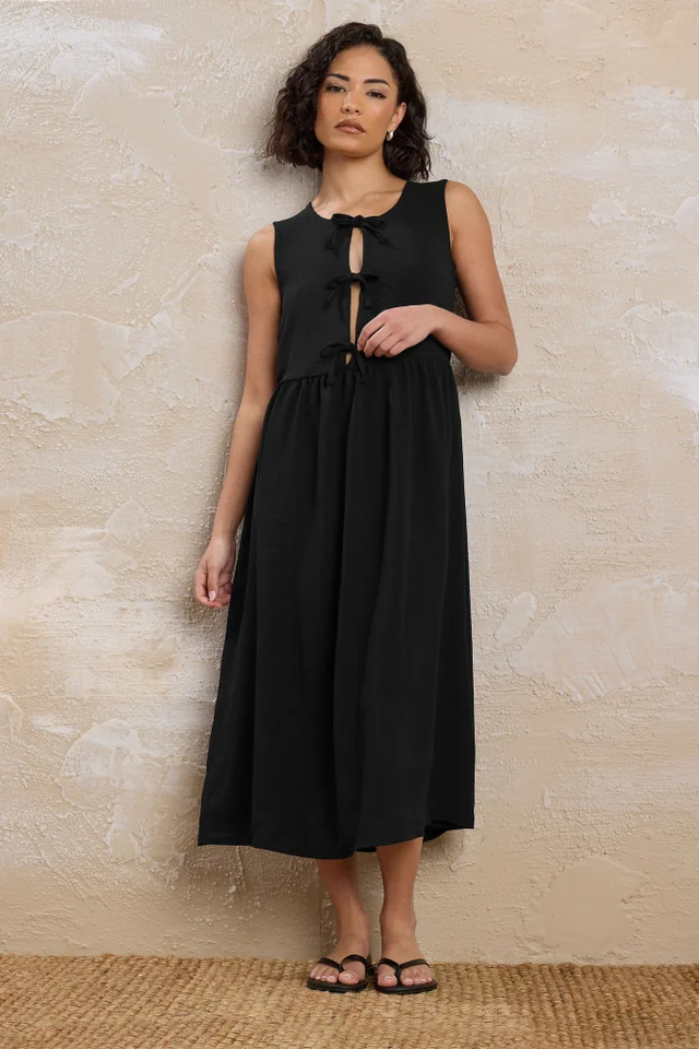 PixieGirl Petite Black Tie Front Midi Dress