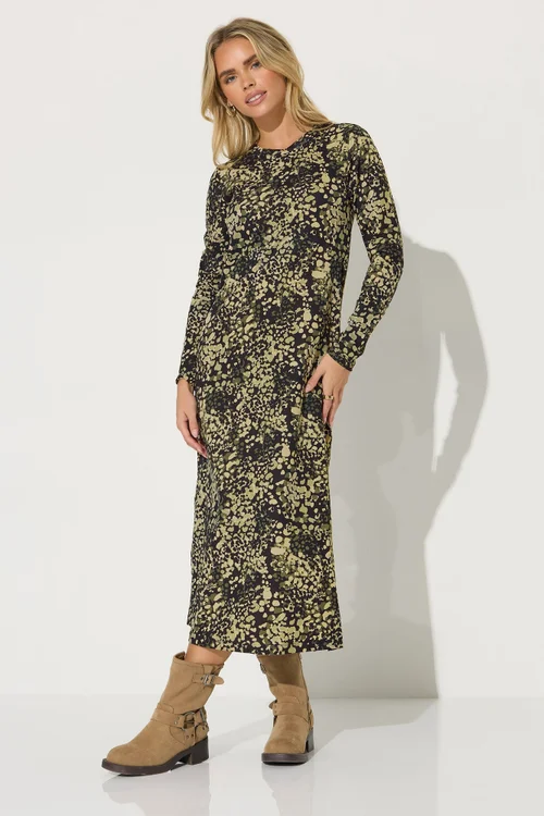 PixieGirl Petite Khaki Green Abstract Animal Long Sleeve T-Shirt Dress - 6 Image 3