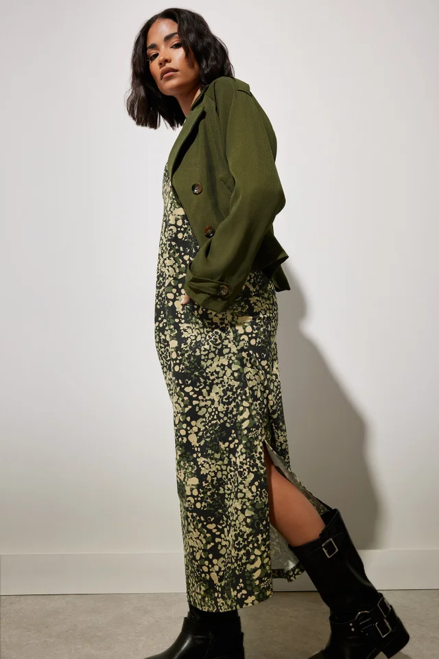 PixieGirl Petite Khaki Green Abstract Animal Long Sleeve T-Shirt Dress