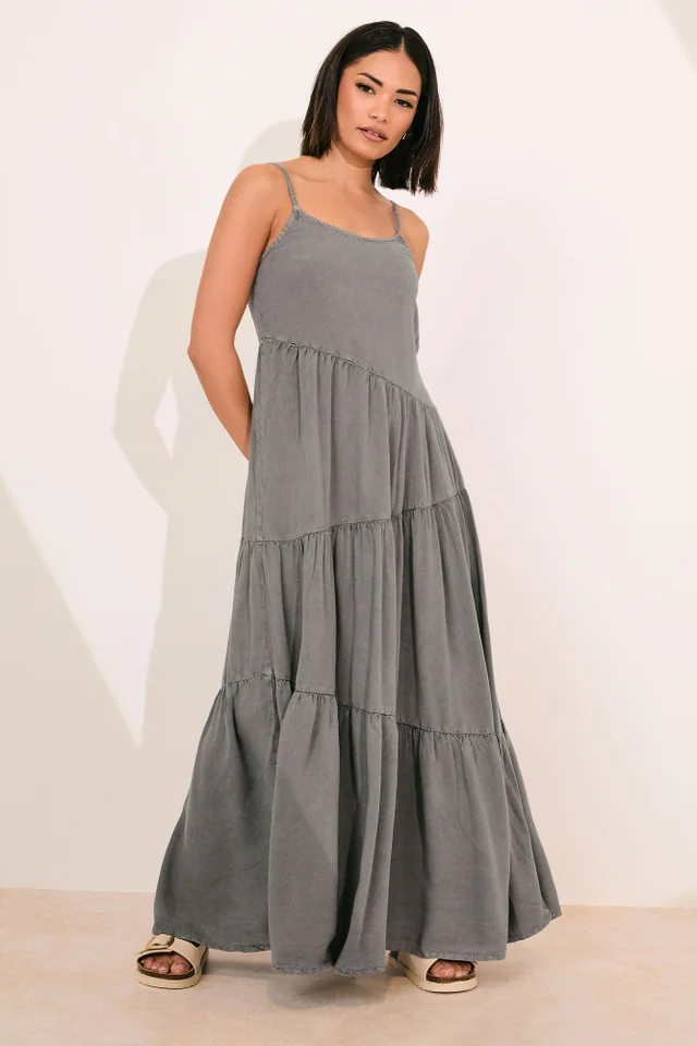 PixieGirl Petite Grey Acid Wash Asymmetric Tiered Maxi Dress
