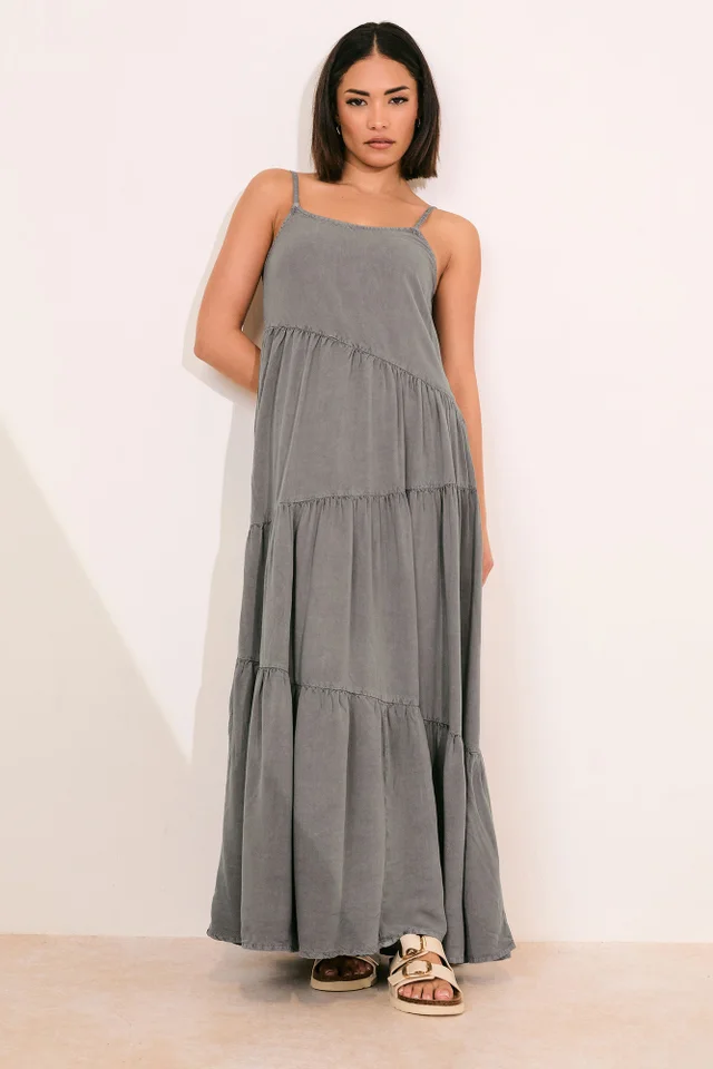 PixieGirl Petite Grey Acid Wash Asymmetric Tiered Maxi Dress