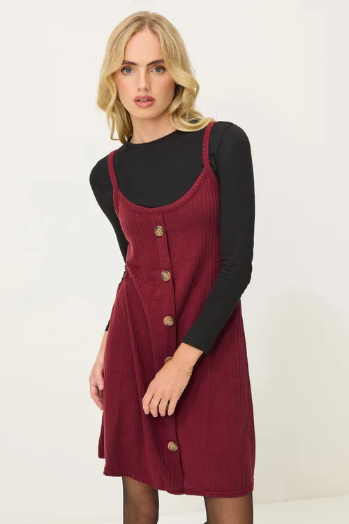 PixieGirl Petite Burgundy Red Ribbed Button Mini Dress - 16 Image 1