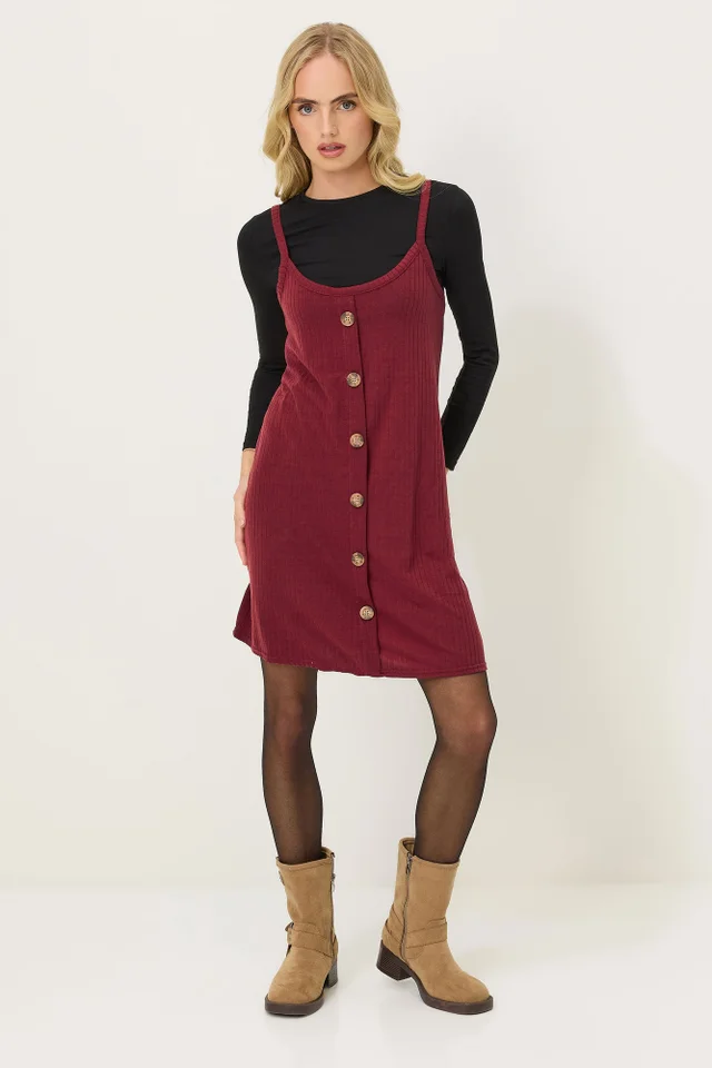 PixieGirl Petite Burgundy Red Ribbed Button Mini Dress
