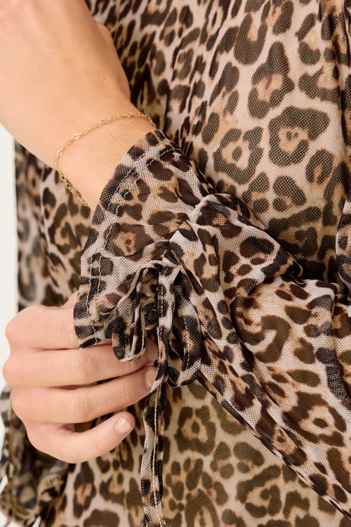 PixieGirl Petite Beige Brown Leopard Print Mesh Tiered Dress - 14 Image 4
