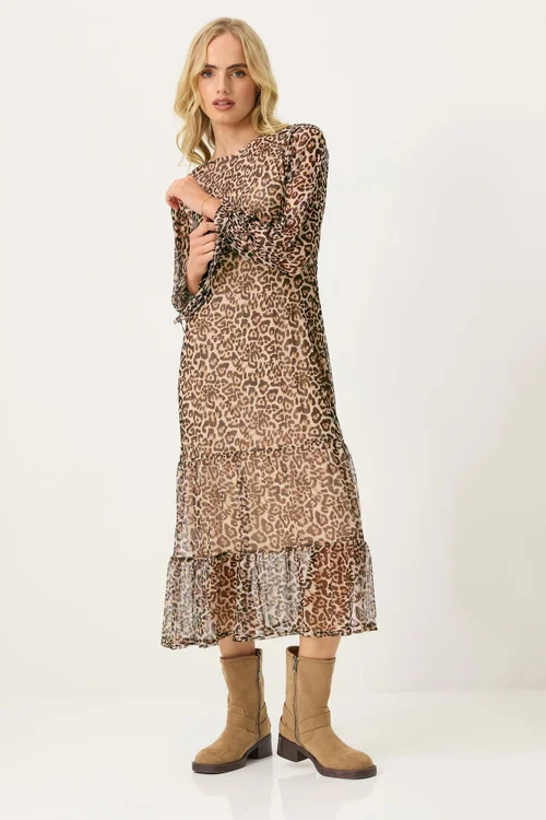 PixieGirl Petite Beige Brown Leopard Print Mesh Tiered Dress - 14 Image 1