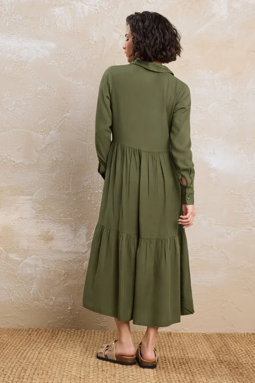 PixieGirl Petite Khaki Green Sleeved Smock Dress - 10 Image 3