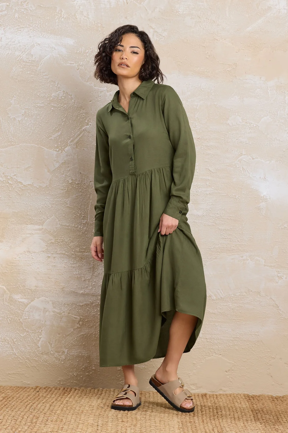 PixieGirl Petite Khaki Green Sleeved Smock Dress - 10 Image 1