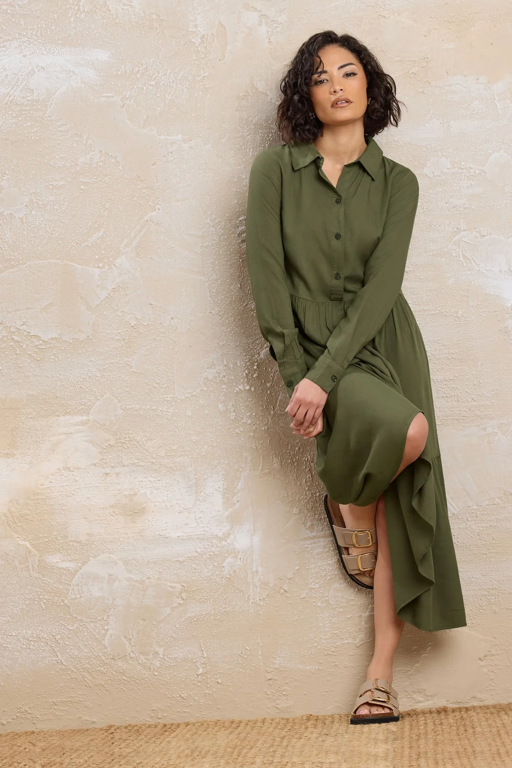 PixieGirl Petite Khaki Green Sleeved Smock Dress - 10 Image 2